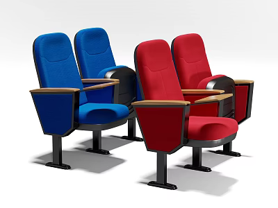 Blue And Red Upholstered Public Chairs With Wooden Armrests And Black Metal Legs For Theater 3d model