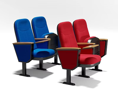 Blue And Red Upholstered Public Chairs With Wooden Armrests And Black Metal Legs For Theater 3d model