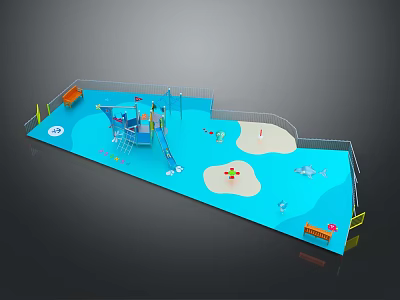 Children's Water Park Playground With Blue Pool Slide Sandpit And Safety Fence 3d model
