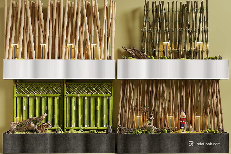 Modern Bamboo Partition Design With Green Panels Lighting And Decorative Elements 3d model