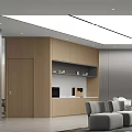Modern Front Desk Reception Interior With Wooden Walls Gray Sofas And Ceiling Light Strips 3d model