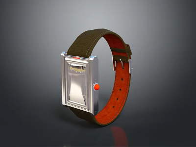 Practical Daily Use Watch With Brown Leather Strap Orange Lining Red Button And Transparent Dial 3d model