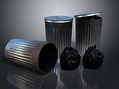 Ribbed Metal Trash Cans With Lids Tipped Over Bin And Black Trash Bags 3d model