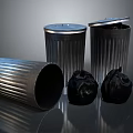 Ribbed Metal Trash Cans With Lids Tipped Over Bin And Black Trash Bags