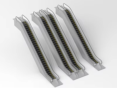 Three Parallel Modern Escalators With Metal Structure And Moving Steps 3d model
