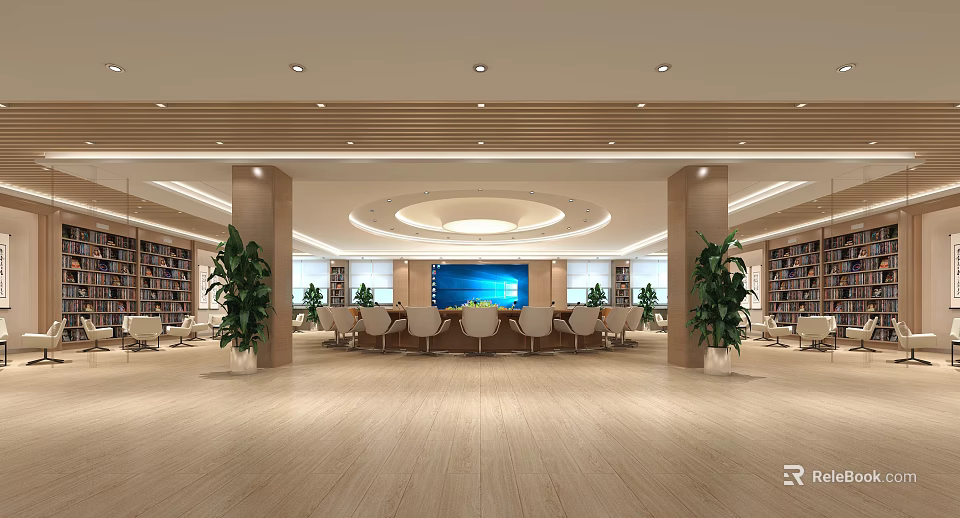 Spacious Hotel Lobby Interior With Circular Ceiling Large Screen Columns Green Plants And Bookshelves 3d model 