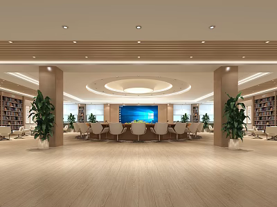 Spacious Hotel Lobby Interior With Circular Ceiling Large Screen Columns Green Plants And Bookshelves 3d model