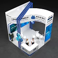 MOAMO Exhibition Booth Design With Blue White Curved Top Models Plants And Tables