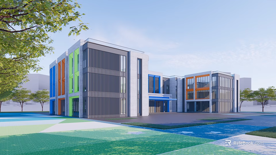 Modern School Building Design With Colorful Facade Large Glass Windows And Open Courtyard 3d model 