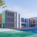 Modern School Building Design With Colorful Facade Large Glass Windows And Open Courtyard