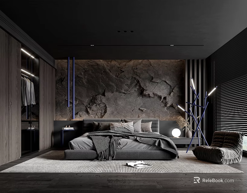 Modern Dark Bedroom Interior With Rock Texture Wall Wooden Wardrobe Gray Bed Floor Lamp 3d model 