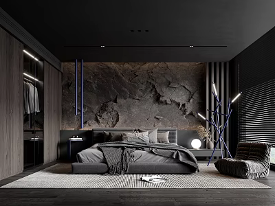 Modern Dark Bedroom Interior With Rock Texture Wall Wooden Wardrobe Gray Bed Floor Lamp 3d model