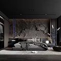 Modern Dark Bedroom Interior With Rock Texture Wall Wooden Wardrobe Gray Bed Floor Lamp