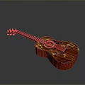 Red Wooden Acoustic Guitar With Patterned Design For Home Decor And Daily Use