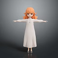 Woman with orange hair in white long dress stands with arms outstretched against gray background