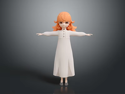 Woman with orange hair in white long dress stands with arms outstretched against gray background 3d model