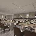 Elegant Modern Restaurant Interior With Wooden Tables Chairs Buffet Counter And Warm Lighting
