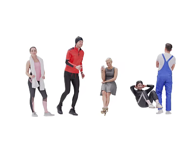 Group of People in Various Poses and Casual Outfits Standing and Sitting Together 3d model