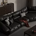 Modern Living Room Black Leather Sofa And Coffee Table Set With Decorative Pillows And Throw Blanket