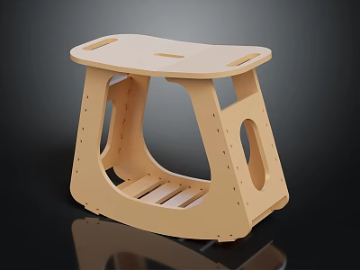Light Brown Modern Minimalist Wooden Stool With Hollow Curved Legs And Small Seat Holes 3d model