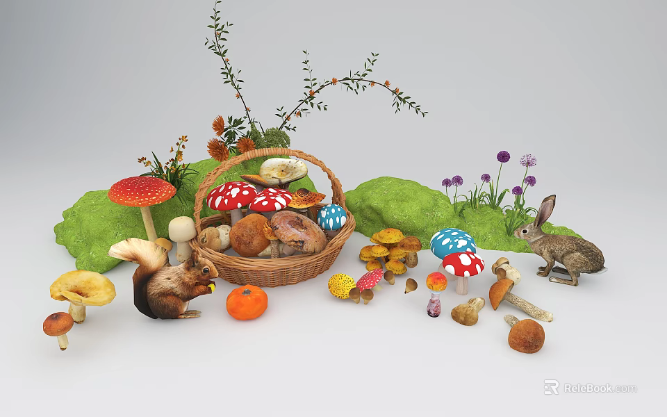 Colorful Mushrooms And Basket With Rabbit Squirrel And Flowers In Nature Scene 3d model 