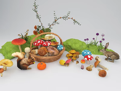 Colorful Mushrooms And Basket With Rabbit Squirrel And Flowers In Nature Scene 3d model