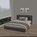 Modern Single Bed Interior With Blinds Window Green View Wall Art And Cozy Bedding 3d model