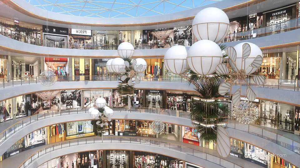 Multi Level Shopping Mall Interior With White Spherical Decorations And Plant Accents 3d model 