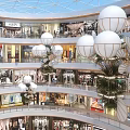 Multi Level Shopping Mall Interior With White Spherical Decorations And Plant Accents