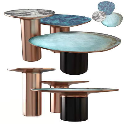 Modern Sofa and Coffee Table Set With Copper Base Blue Round Glass Top 3d model