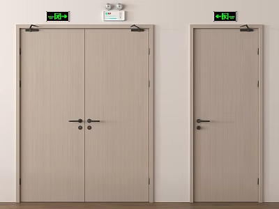 Light Wooden Safety Doors With Green Emergency Exit Signs Double And Single Design 3d model
