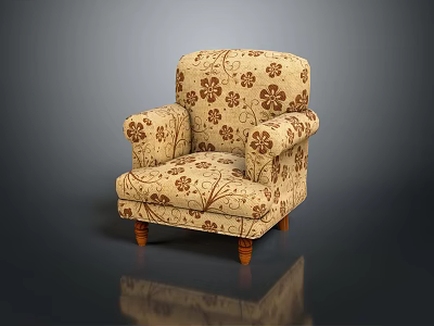Traditional Single Sofa With Floral Pattern And Wooden Legs In Neutral Tone 3d model