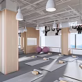 Spacious Fitness Studio with Yoga Mats Balls Suspension Rings Mirrors Windows Lockers