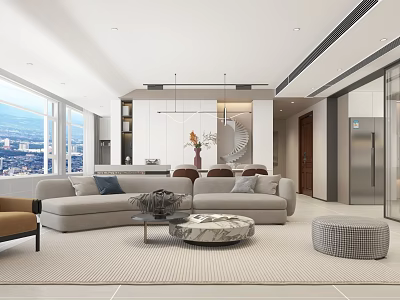 Modern Living Dining Room Interior With Large Windows City View Beige Sofa And Rug 3d model