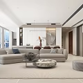 Modern Living Dining Room Interior With Large Windows City View Beige Sofa And Rug