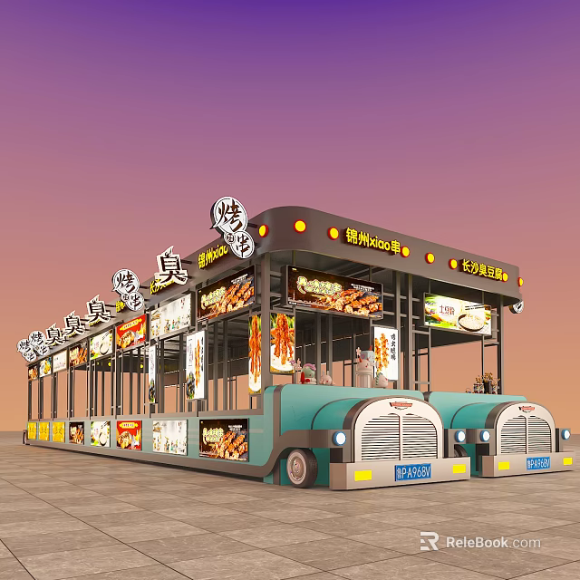 Functional Food Truck For Mobile Catering With Multiple Stalls And Advertising Displays 3d model 