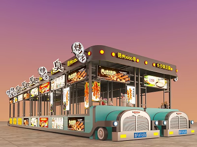 Functional Food Truck For Mobile Catering With Multiple Stalls And Advertising Displays 3d model