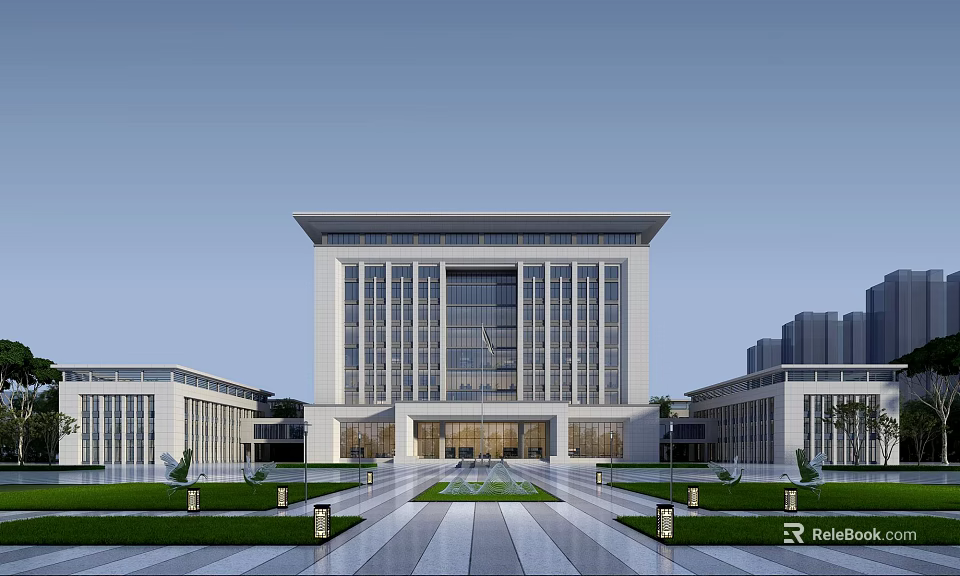 Modern Office Building Exterior With Symmetrical Design Courtyard Water Feature And Landscaped Gardens 3d model 