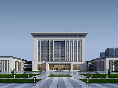 Modern Office Building Exterior With Symmetrical Design Courtyard Water Feature And Landscaped Gardens 3d model