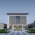 Modern Office Building Exterior With Symmetrical Design Courtyard Water Feature And Landscaped Gardens