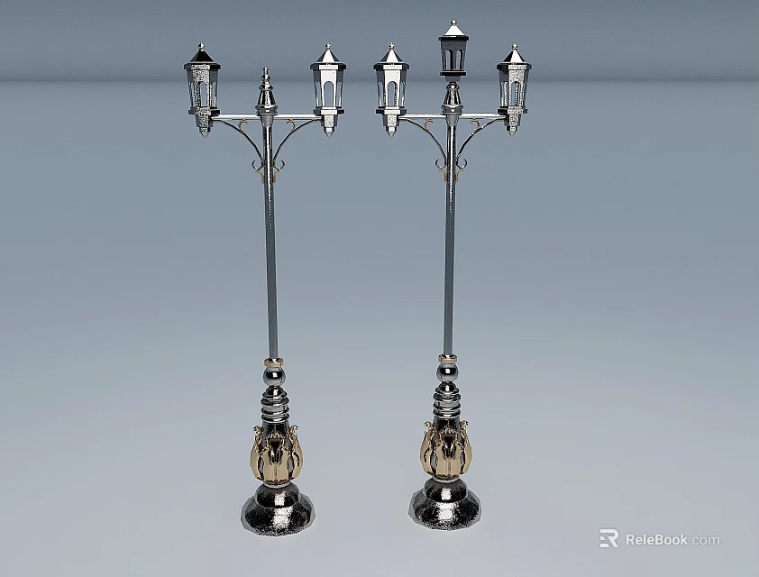 Classic Outdoor Street Lights With Multiple Lamp Heads And Decorative Metal Bases 3d model 