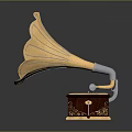 Vintage Gramophone With Ornate Brass Horn And Wooden Turntable Body