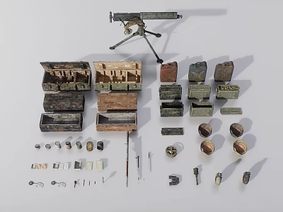 Vintage Weapon With Multiple Storage Cases Metal Parts And Tripod Components 3d model