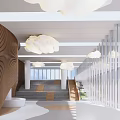 Modern Front Desk Reception Area With Wooden Paneling Cloud Pendant Lights And Glass Partitions