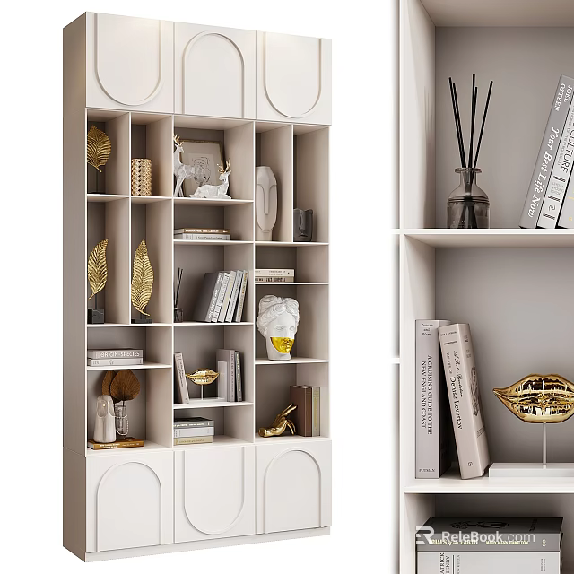 Stylish White Bookcase With Open Shelves Books Golden Ornaments And Aromatherapy Sticks 3d model 