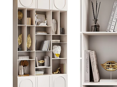 Stylish White Bookcase With Open Shelves Books Golden Ornaments And Aromatherapy Sticks 3d model