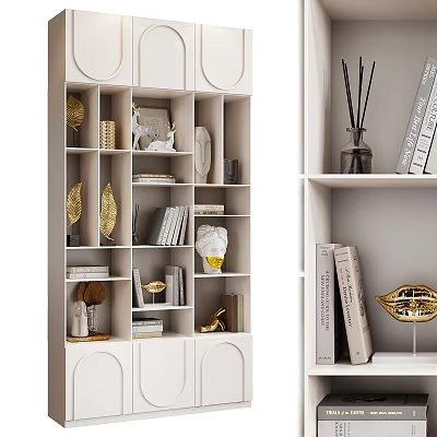 Stylish White Bookcase With Open Shelves Books Golden Ornaments And Aromatherapy Sticks 3d model