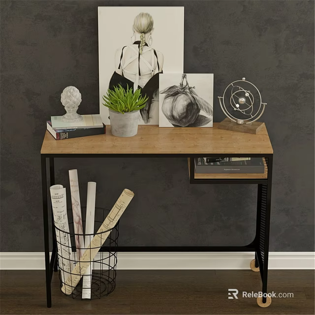 Wooden Dining Table With Black Metal Frame Books White Sculpture Green Plant Globe And Artwork 3d model 