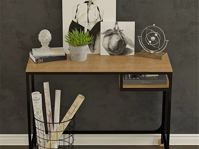 Wooden Dining Table With Black Metal Frame Books White Sculpture Green Plant Globe And Artwork 3d model