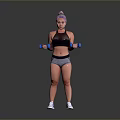 Woman Lifting Dumbbells In Black Sports Bra Gray Shorts And White Sneakers